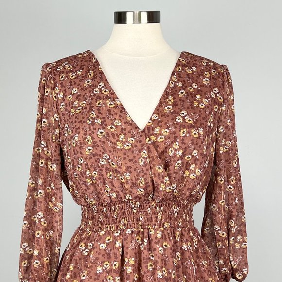 Spirit of Grace Womens Surplice Neck Smocked Floral Print Dress Brown size Large - Picture 2 of 14